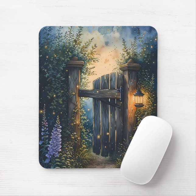 Enchanted Garden Gate Under Firefly Sky Mouse Mat (With Mouse)