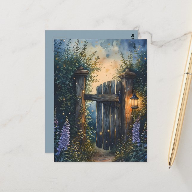 Enchanted Garden Gate Under Firefly Sky Postcard (Front/Back In Situ)