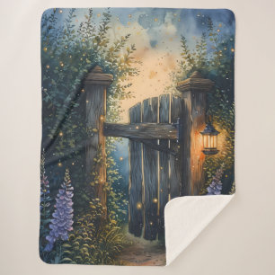 Enchanted Garden Gate Under Firefly Sky Sherpa Blanket