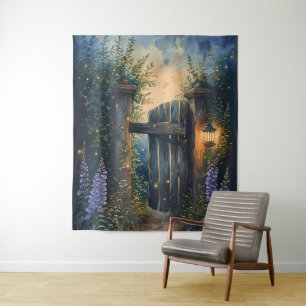 Enchanted Garden Gate Under Firefly Sky Tapestry