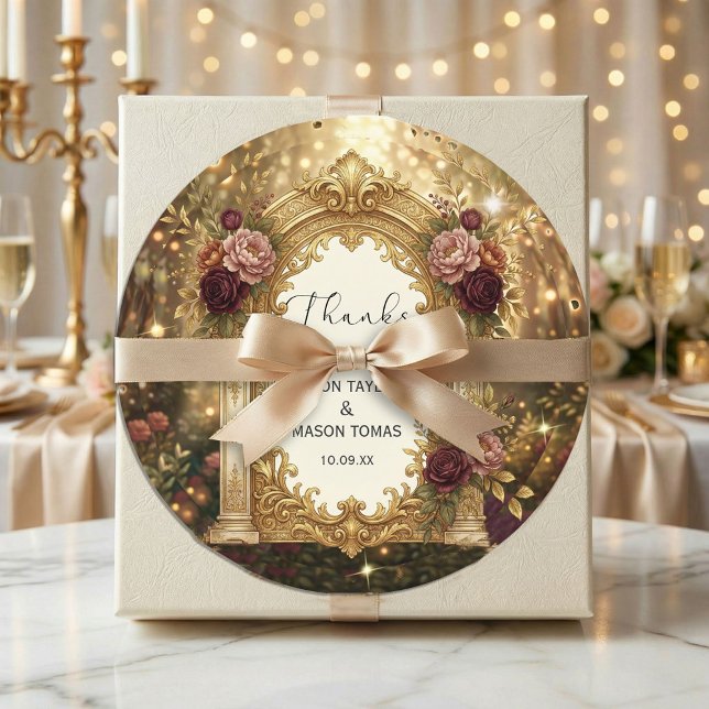 Enchanted Garden Gate Wedding  Classic Round Sticker (#weddingsticker
#weddinginvitationdesign
#roundweddingsticker
#luxuryweddingdesign
#vintagewedding)