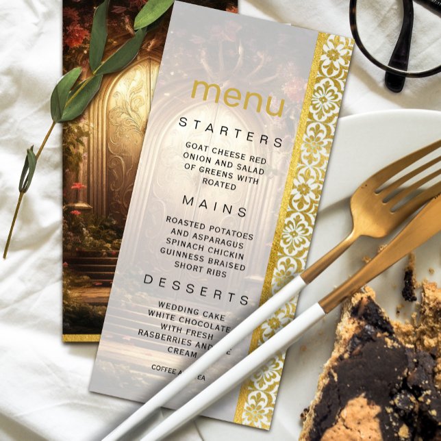 Enchanted Garden Gate Wedding Menu Invitation (Enchanted Garden Gate Wedding Menu Invitation #weddingdinner #dreamymenuinvitation #luxurygold)
