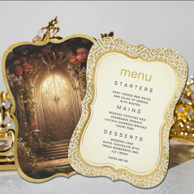 Enchanted Garden Gate Wedding Menu Invitation (Enchanted Garden Gate Wedding Menu Invitation #zazzlemade #romanticinvitation #weddingdinner #royal)