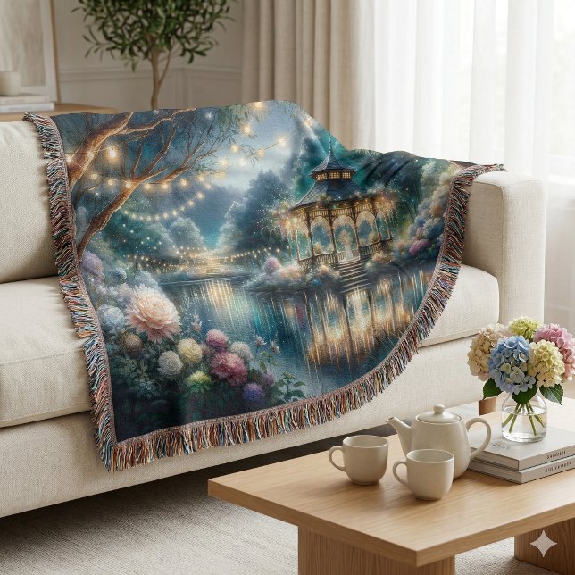 Enchanted Garden Gazebo Twilight Reflection Throw Blanket (Enchanted Garden Gazebo Twilight Reflection Throw Blanket On Living Room Sofa)