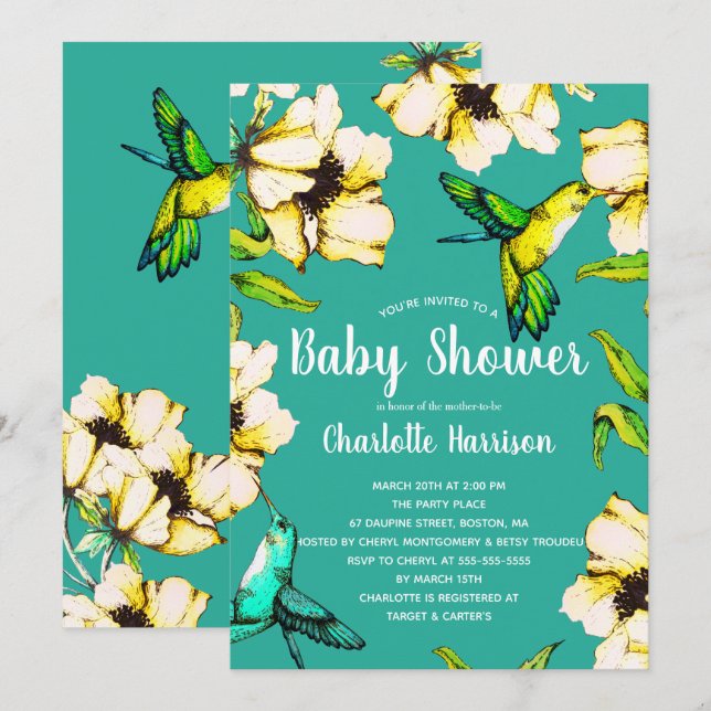 Enchanted Garden Hummingbirds & Floral Baby Shower Invitation (Front/Back)