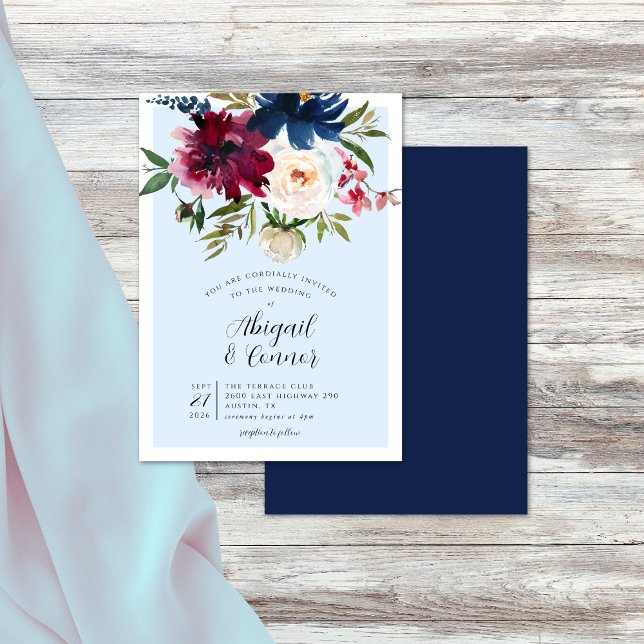 Enchanted Garden Light Blue Burgundy Navy Invitation (Creator Uploaded)
