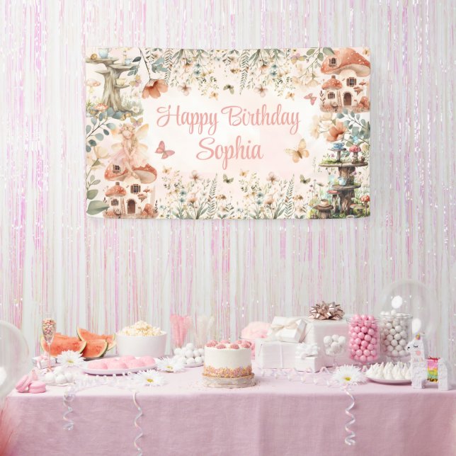 Enchanted Garden Mushroom Girl's 1st Birthday Banner (Party)