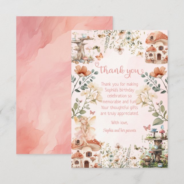 Enchanted Garden Mushroom Girl's First Birthday Thank You Card (Front/Back)