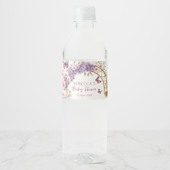 Enchanted garden pastel butterflies baby shower water bottle label (Front)