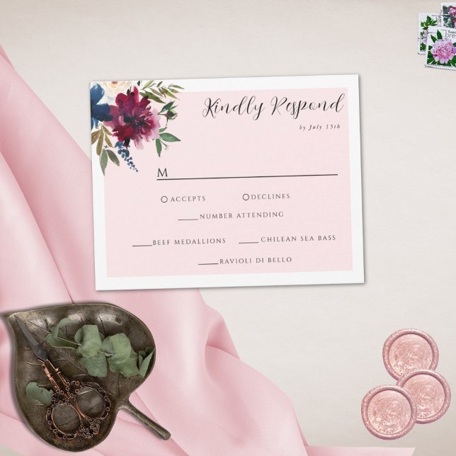 Enchanted Garden Pink Blush Burgundy Navy RSVP Card (Creator Uploaded)