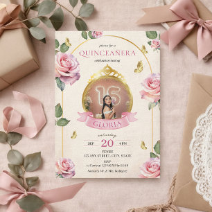Enchanted Garden Pink Roses Gold Photo Quinceanera Invitation
