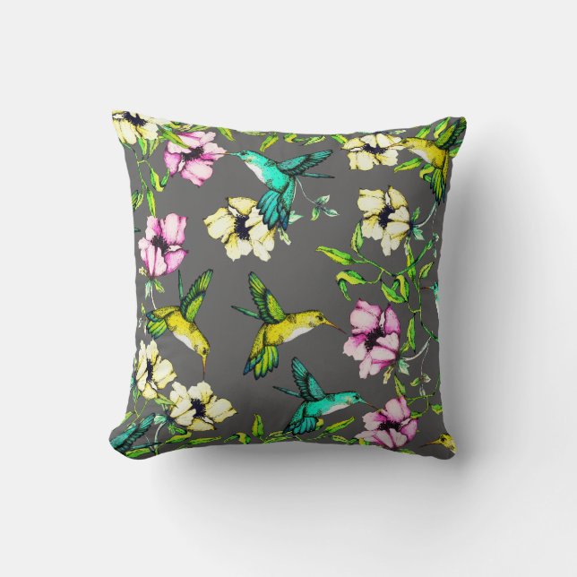 Enchanted Garden Watercolor Hummingbirds & Flowers Cushion (Front)