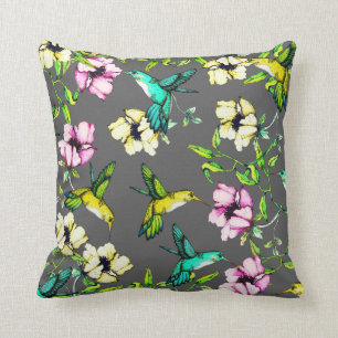 Enchanted Garden Watercolor Hummingbirds & Flowers Cushion