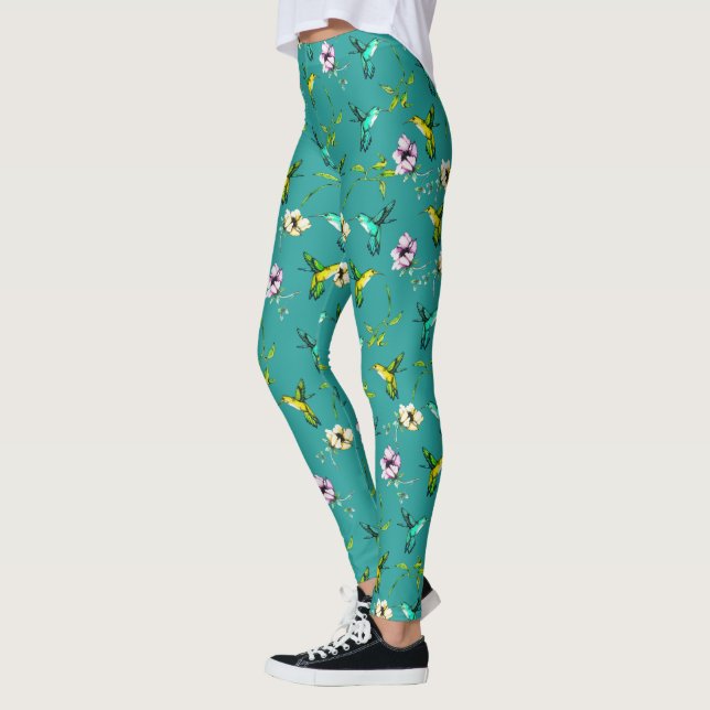 Enchanted Garden Watercolor Hummingbirds & Flowers Leggings (Left)