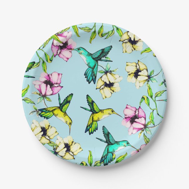 Enchanted Garden Watercolor Hummingbirds & Flowers Paper Plate (Front)