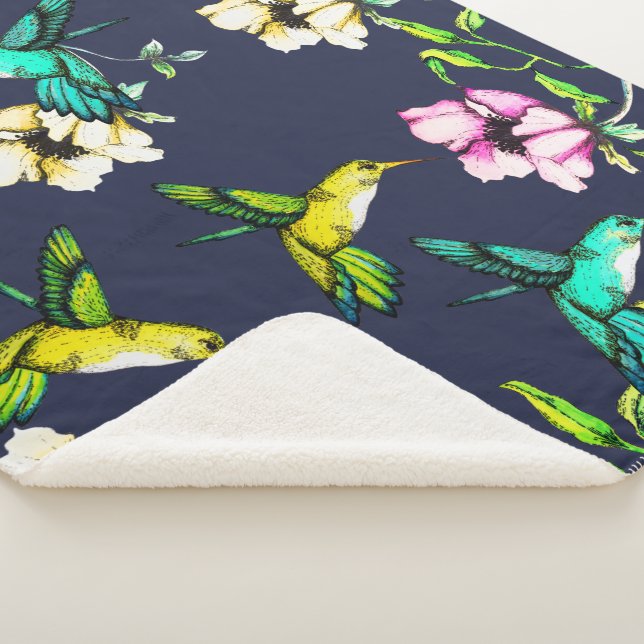 Enchanted Garden Watercolor Hummingbirds & Flowers Sherpa Blanket (3/4)