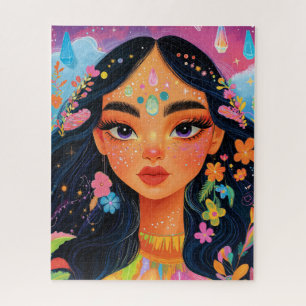 Enchanted Girl Portrait with Flowers and Crystals Jigsaw Puzzle
