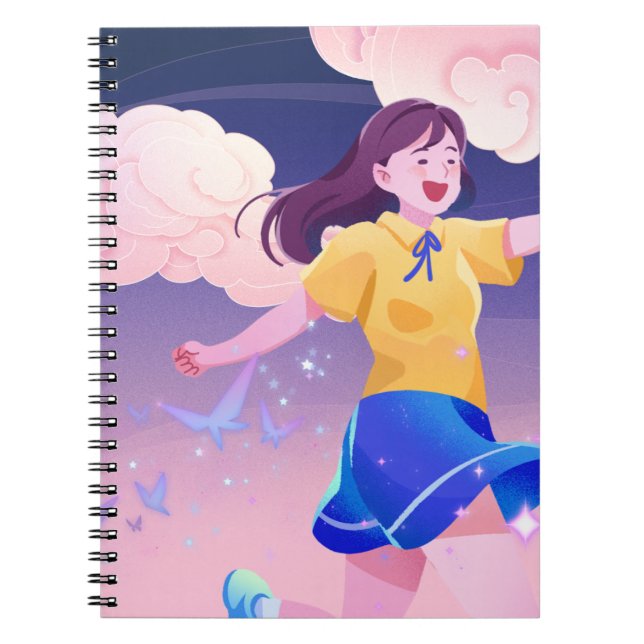 Enchanted Girl Running Through a Magical Night Sky Notebook (Front)