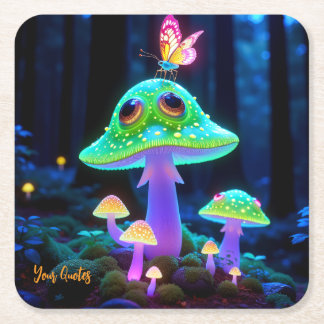 Enchanted Glowing Mushroom & Butterfly Fantasy Square Paper Coaster