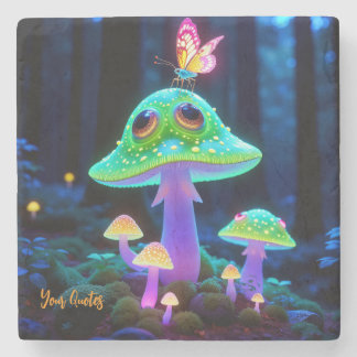 Enchanted Glowing Mushroom & Butterfly Fantasy Stone Coaster