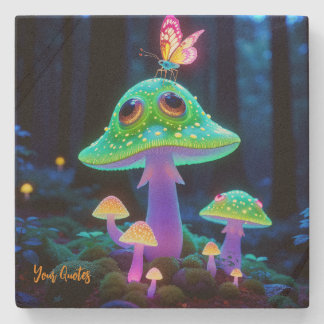 Enchanted Glowing Mushroom & Butterfly Fantasy Stone Coaster
