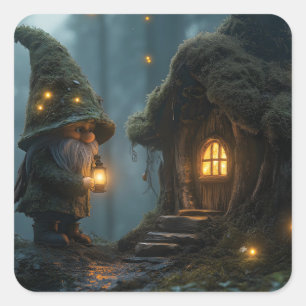 Enchanted Gnome Cottage in the Moonlight: Fantasy  Square Sticker