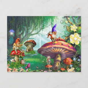 Enchanted Gnome Mushrooms Flower Gardens Postcard