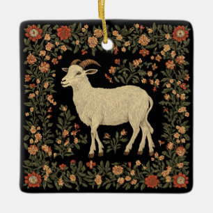 Enchanted Goat & Floral Folk Art Design Ceramic Ornament