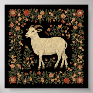 Enchanted Goat & Floral Folk Art Design Poster
