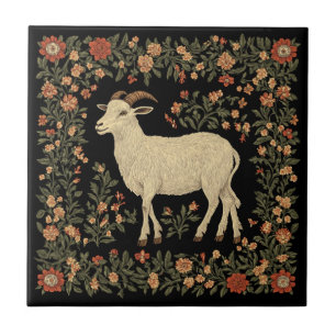 Enchanted Goat & Floral Folk Art Design Tile
