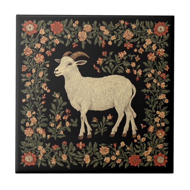 Enchanted Goat & Floral Folk Art Design Tile (Front)