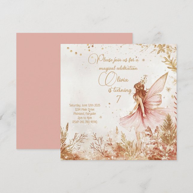 Enchanted Gold and Pink Fairy Birthday Invitation (Front/Back)