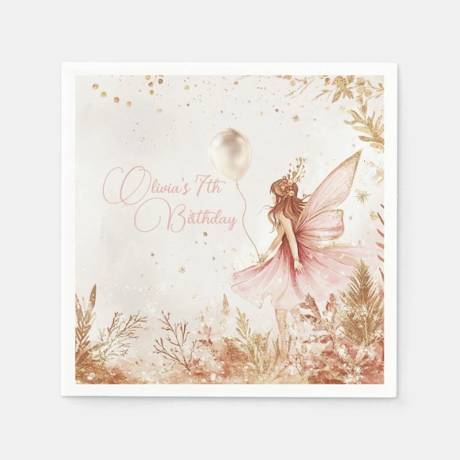 Enchanted Gold and Pink Fairy Birthday  Napkin (Front)