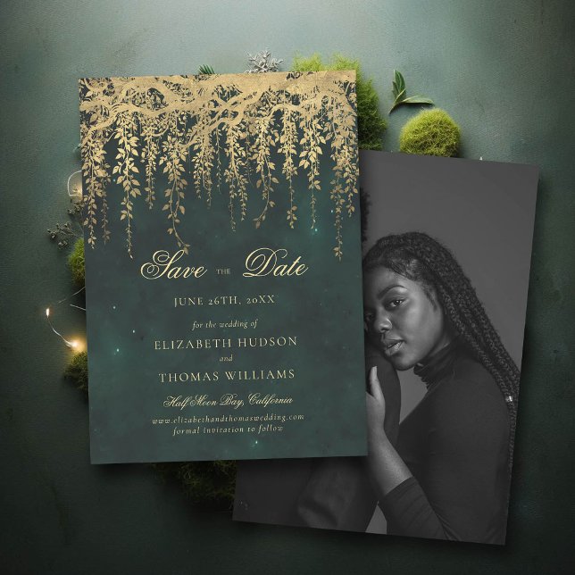 Enchanted Gold Greenery Photo Wedding Save Date Invitation (wedding save the date enchanted forest fairytale gold vines calligraphy)