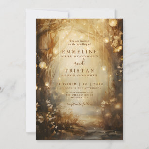Enchanted Golden Forest Glowing Lanterns Wedding Invitation