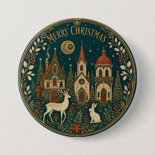 Enchanted Golden Merry Christmas Village 7.5 Cm Round Badge