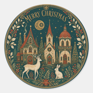 Enchanted Golden Merry Christmas Village Classic Round Sticker