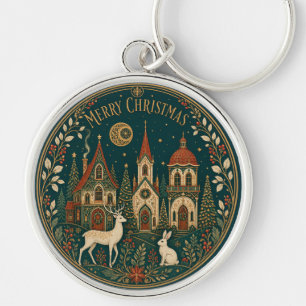 Enchanted Golden Merry Christmas Village Key Ring