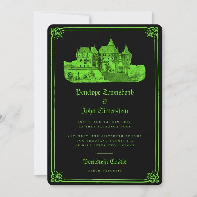 Enchanted Gothic Castle Neon Green Black Wedding Invitation (Front)