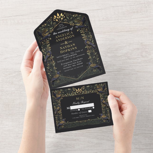 Enchanted Gothic Raven Dark Green Floral Wedding All In One Invitation (Tearaway)