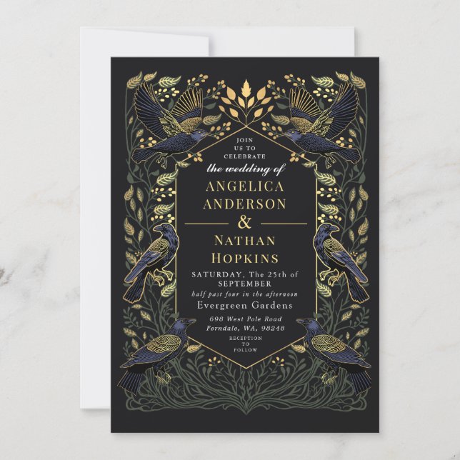 Enchanted Gothic Raven Floral Green Wedding Invitation (Front)