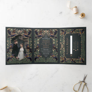 Enchanted Gothic Raven Floral Rose Gold Wedding Tri-Fold Invitation