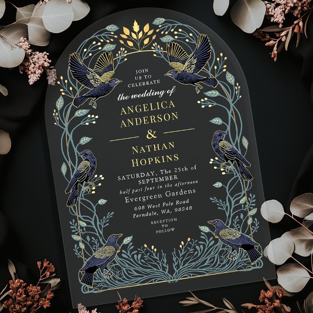 Enchanted Gothic Raven Floral Wedding Ach Acrylic Invitations (Creator Uploaded)