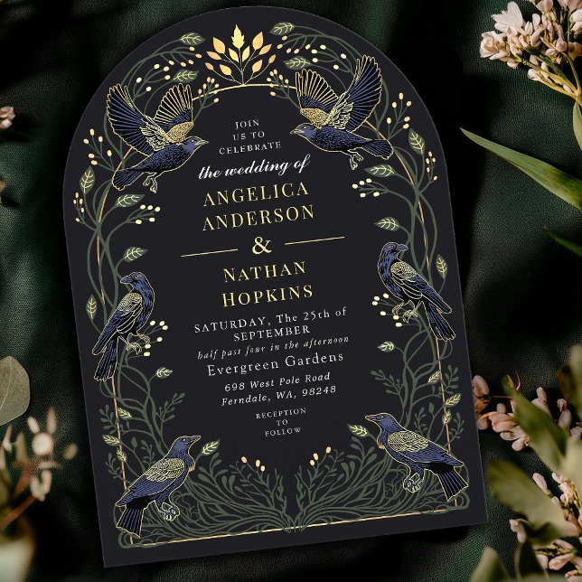 Enchanted Gothic Raven Floral Wedding Ach Invitation (Creator Uploaded)