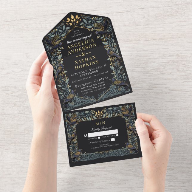 Enchanted Gothic Raven Floral Wedding All In One Invitation (Tearaway)