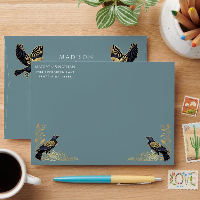Enchanted Gothic Raven Floral Wedding Envelope (Desk)