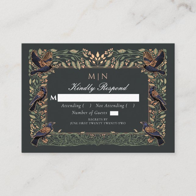 Enchanted Gothic Raven Floral Wedding Green RSVP  Enclosure Card (Front)