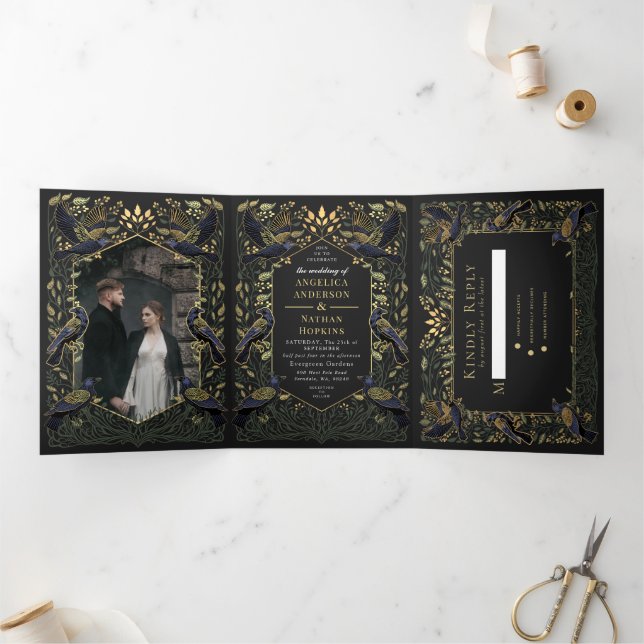 Enchanted Gothic Raven Floral Wedding Green Tri-Fold Invitation (Inside)