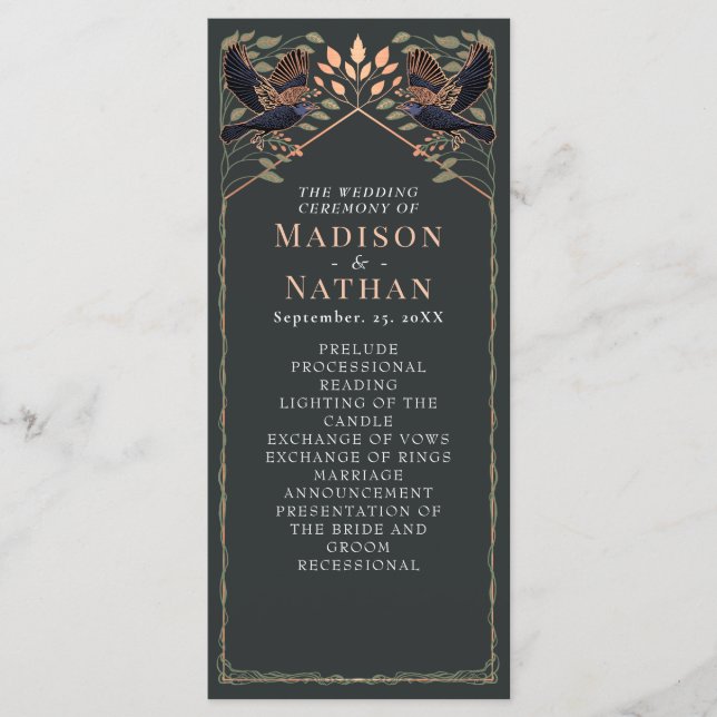 Enchanted Gothic Raven Floral Wedding Sage Green  Programme (Front)