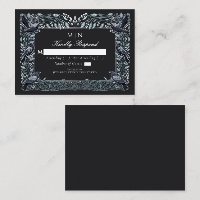 Enchanted Gothic Raven Floral Wedding Silver RSVP  Enclosure Card (Front/Back)